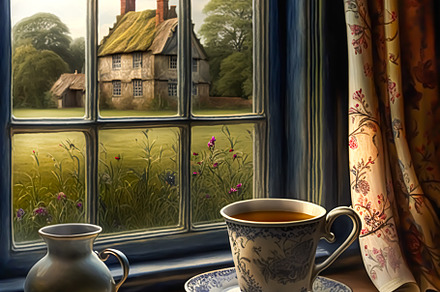 Sunny morning in the English countryside, cup of tea by the wind, a Food & Drink Photo by Anneleven