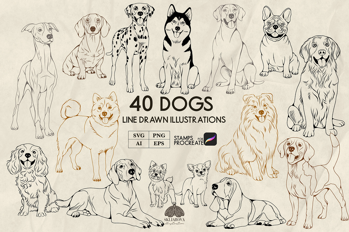 Dogs Line Art + Procreate Stamps, an Animal Illustration by Skliarova (Photo 1 of 4)