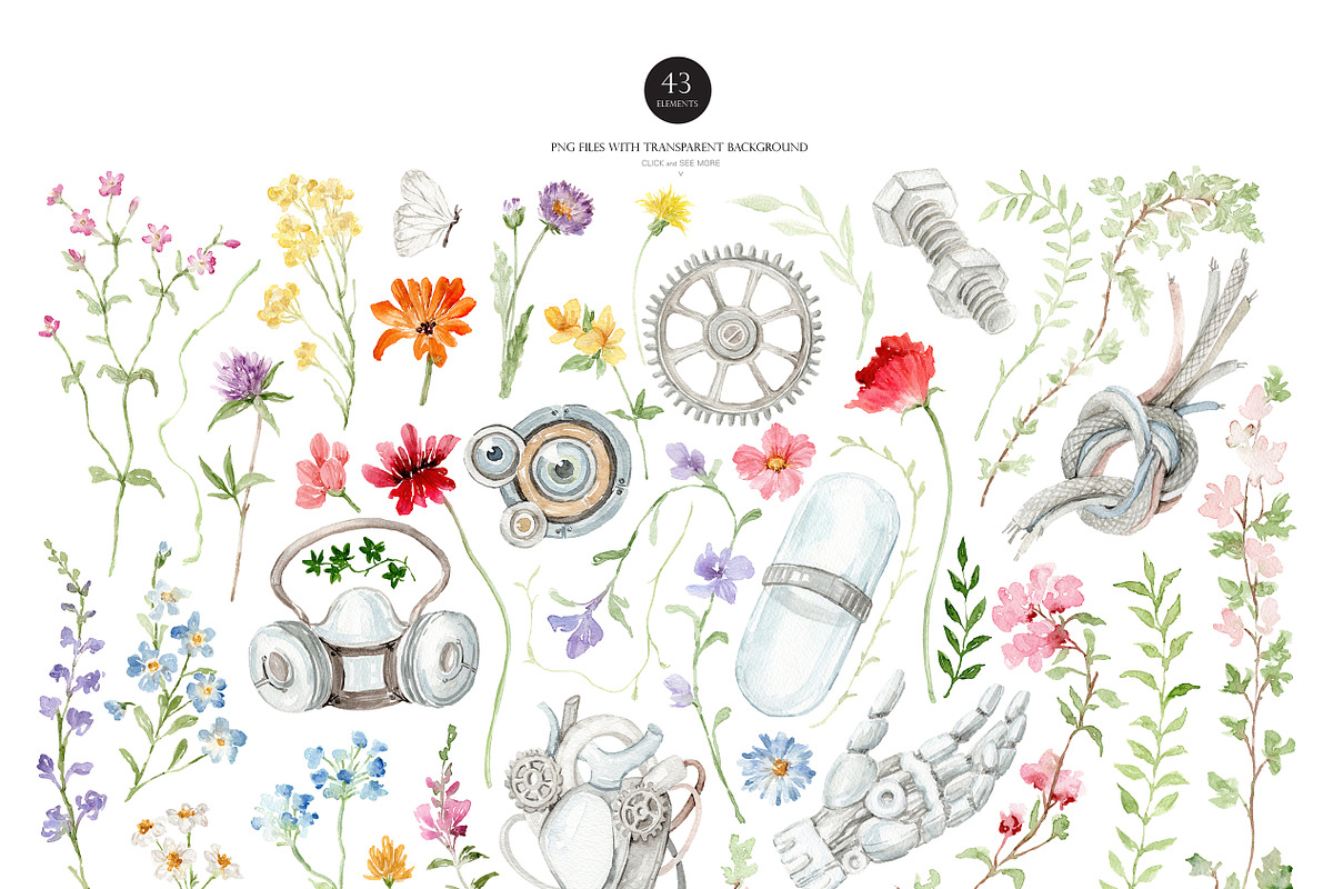 Watercolor MECHANIC GARDEN FLORAL, a Decorative Illustration by Beigetime (Photo 3 of 9)
