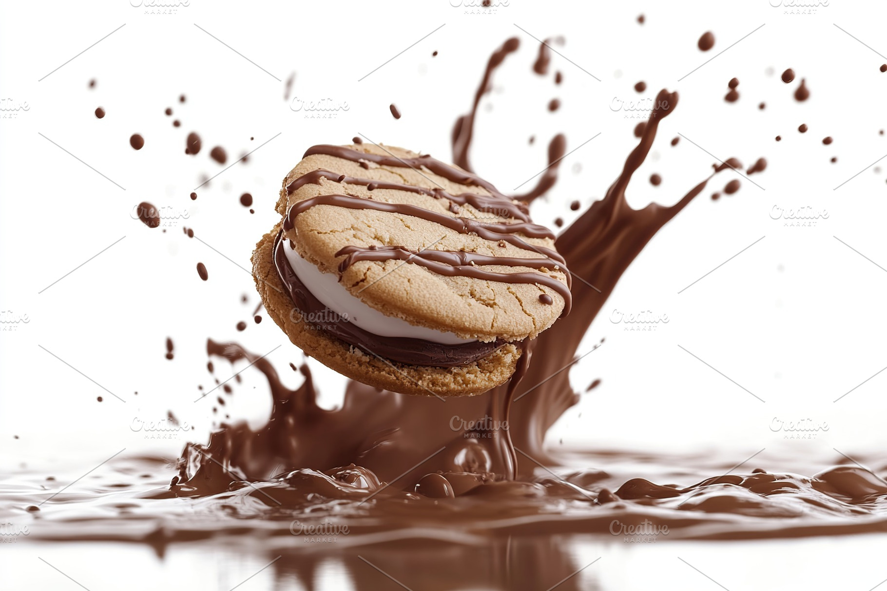 Sweet chocolate sandwich cookie falling into milk, a Food & Drink Photo by AlyaAnd