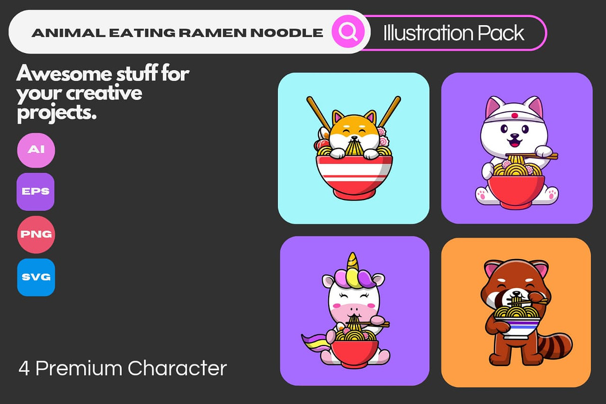 Animal Eating Ramen Noodle Cartoon, a Food Illustration by Artstorystudio (Photo 1 of 5)