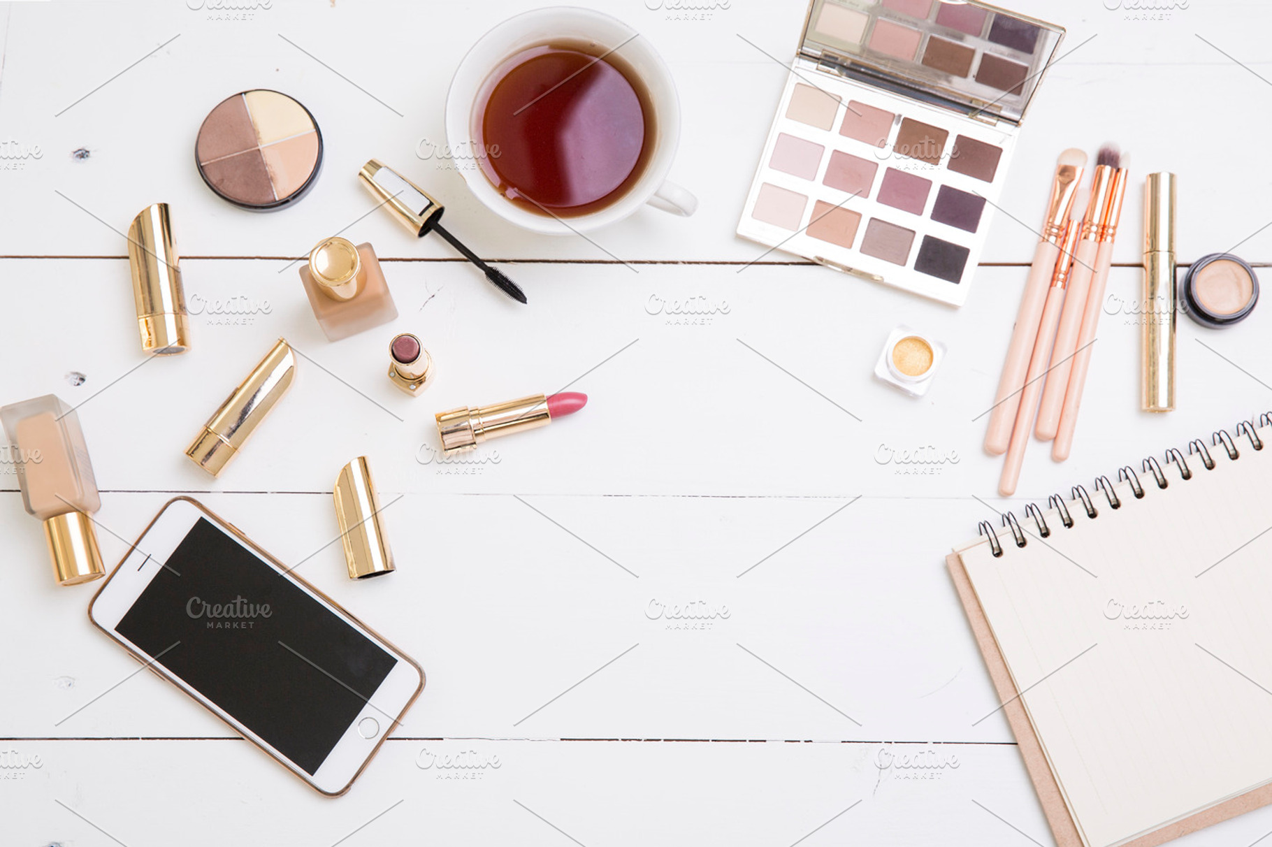 flat lay- desk with tea and cosmetic, a Background Photo by Izdebska