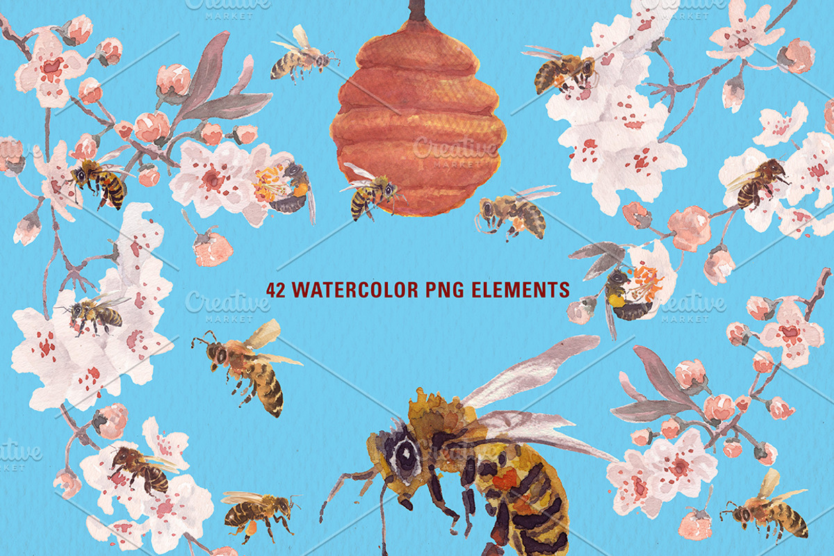 Watercolor happy bee clipart set, an Illustration by Art & Things (Photo 2 of 6)