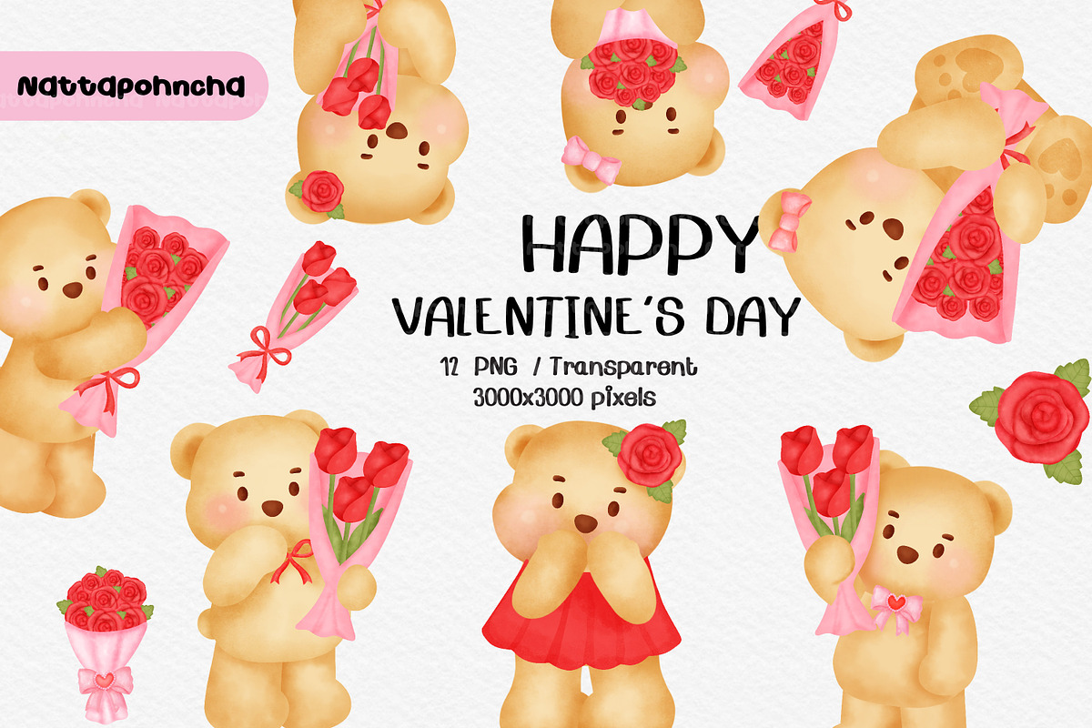 set of Bear in Valentine's day elem, an Animal Illustration by Nattapohncha (Photo 1 of 4)