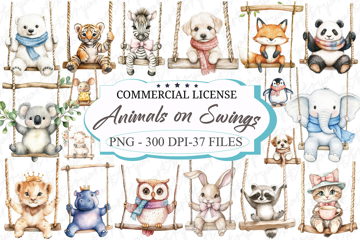 Watercolor Animals on Swings Clipart, an Illustration by designcity5 (Photo 1 of 5)