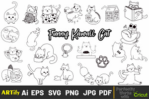 Funny Kawaii Cats Outline Clipart, an Animal Illustration by ARTify Illustrations