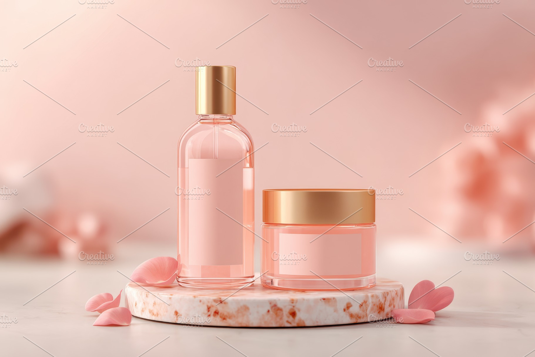 Elegant skincare products on marble with rose petals, a Beauty & Fashion Photo by AlyaAnd
