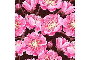 Seamless Pattern With Sakura Or Cherry Blossom. Floral Japanese Ornament Of Blooming Flowers