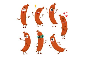 Cute, funny sausage characters with human face showing different emotions, a Food Illustration by Sabelskaya