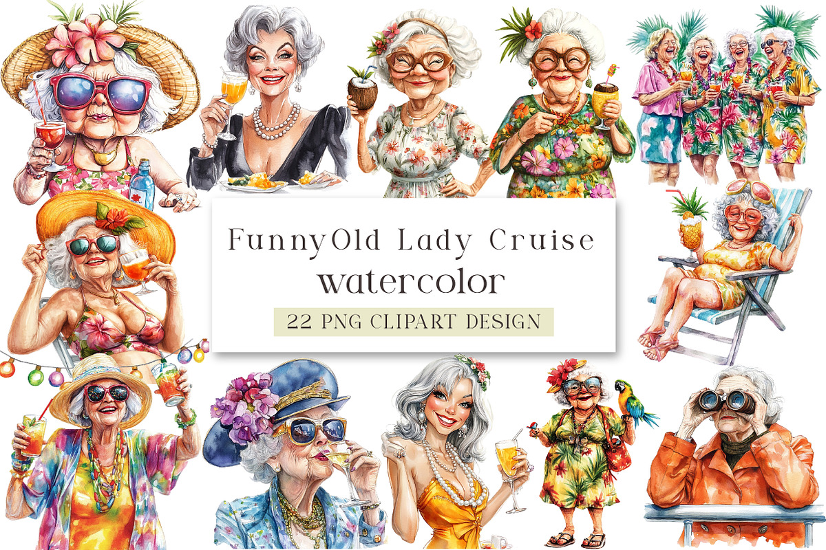 Funny Watercolor Old Lady Cruise Cli, an Illustration by DreamArtGraphic (Photo 1 of 8)
