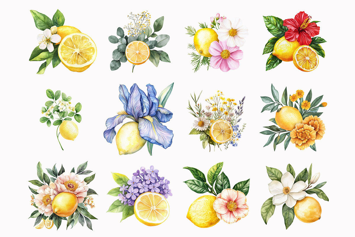 Watercolor Lemon Floral Clipart, an Illustration by Design Market (Photo 2 of 4)