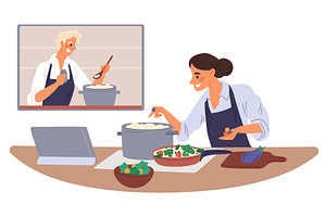 Woman learns how to cook food from, an Education Illustration by Vectorbuum