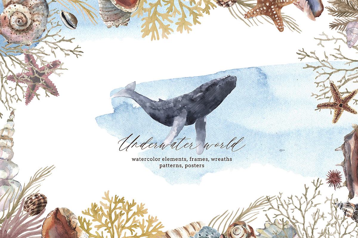 Watercolor whale. Sea underwater set, an Animal Illustration by Julycolor (Photo 1 of 21)