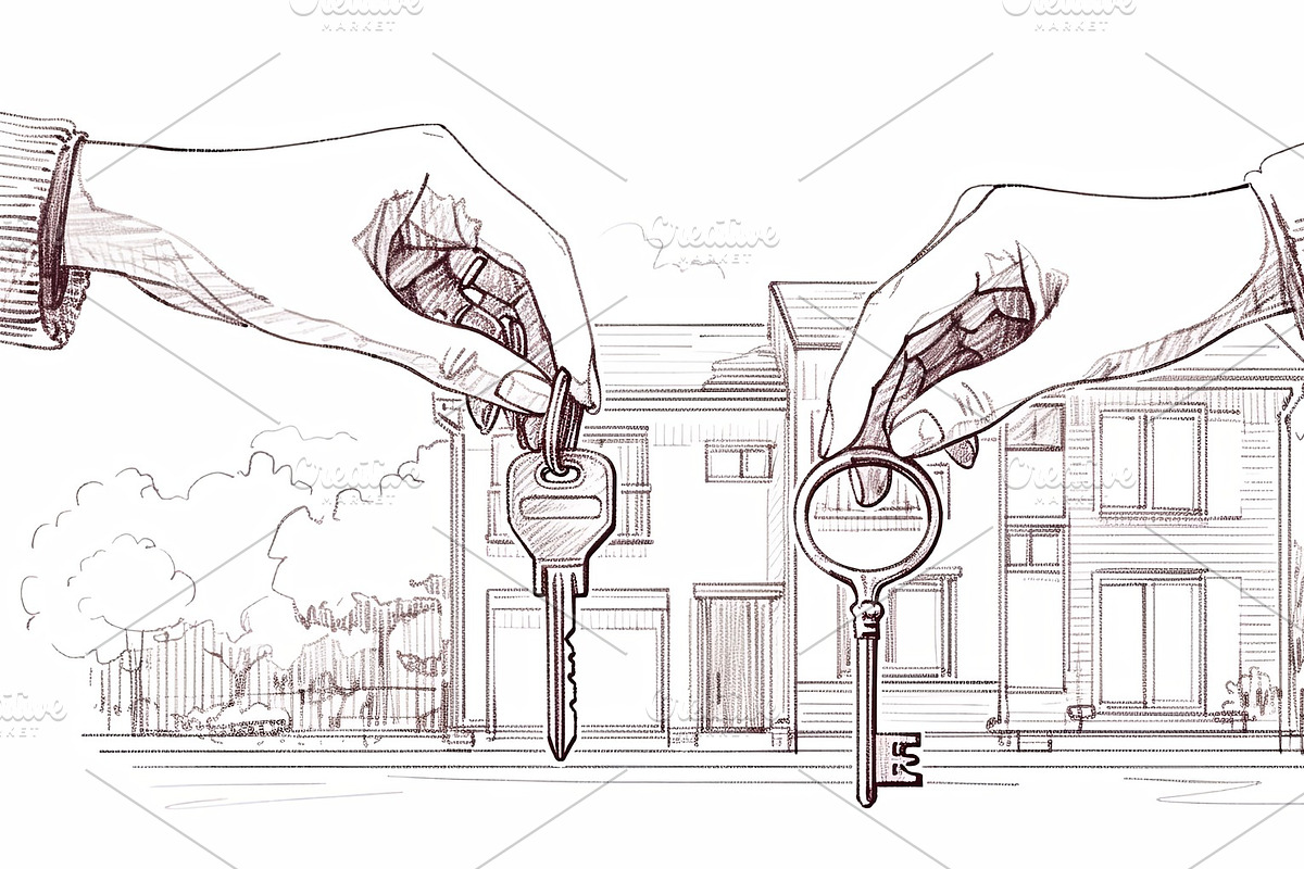 Illustration of Hands Holding House Keys Against a Residential Background, an Illustration by AS photostudio