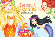 Colorful Mermaids Clipart Images, an Illustration by Whimseez (Thumbnail 1 of 5)