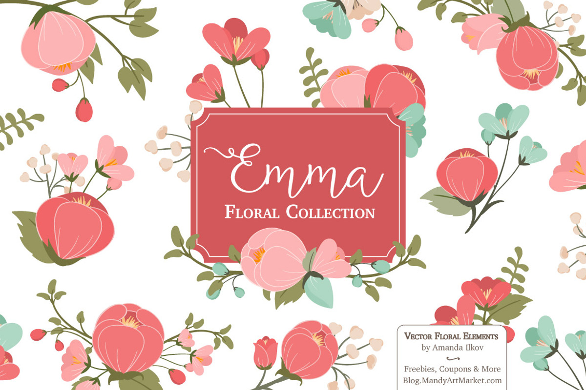 Mint & Coral Flowers Clipart, an Illustration by Amanda Ilkov (Photo 1 of 3)