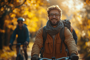 Smiling man riding bicycle in autumn, a Photo by Tanuart