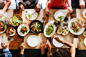 Friends having dinner party containing aerial view, beverage, and cafe, a Person Photo by rawpixel