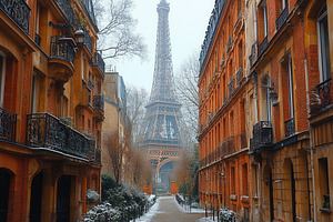 Snow-covered Paris street leads to t, a Photo by Tanuart