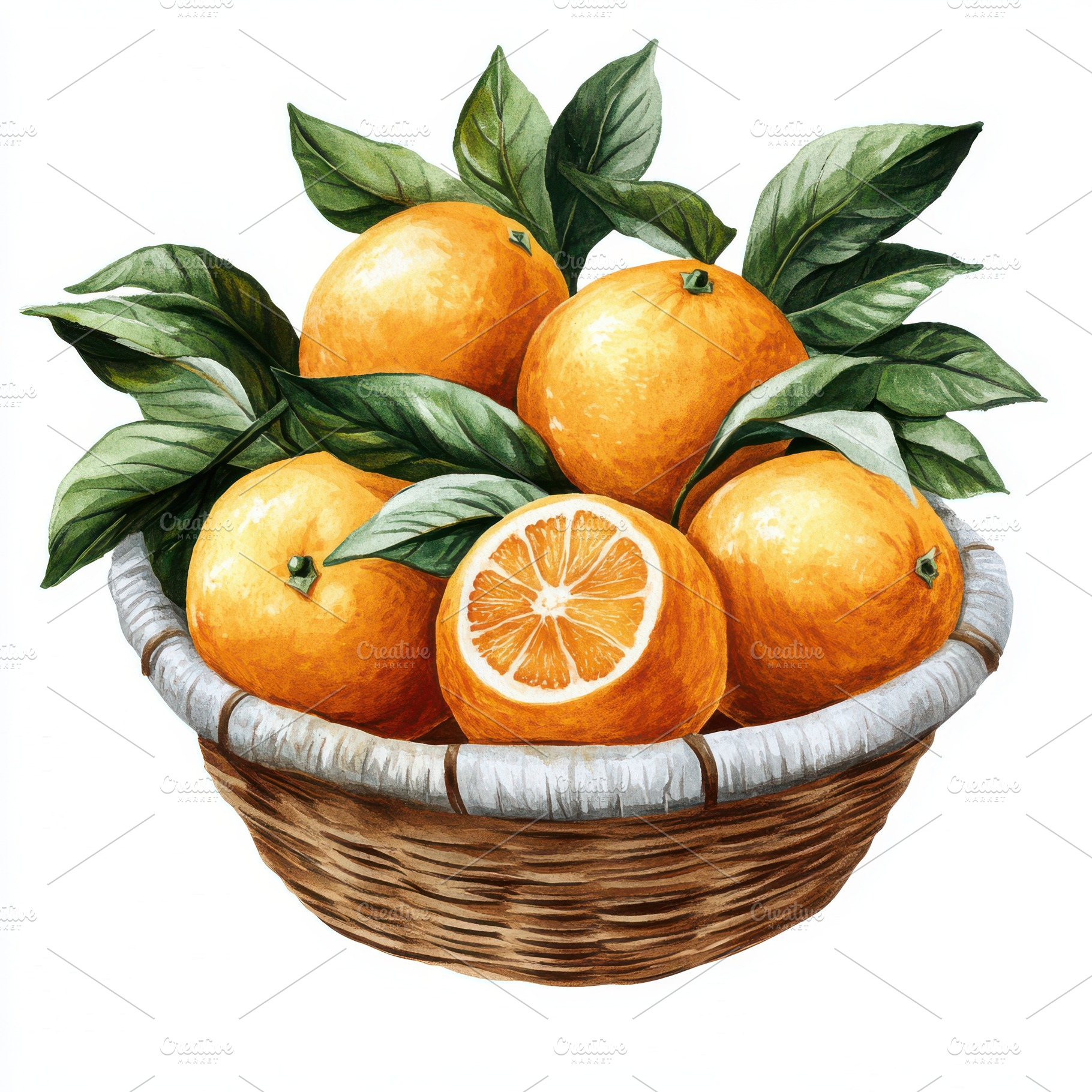Oranges with green leaves in basket, a Food & Drink Photo by Pixeness Studio