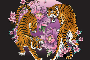 Dueling Asian Tattoo Tigers