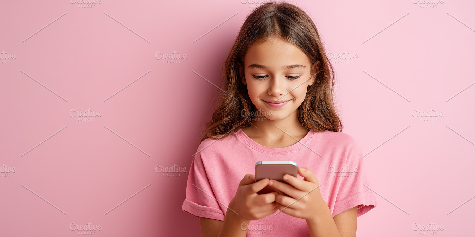 Young girl in a pink shirt smiles, a Technology Photo by MistyDay