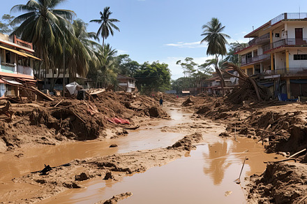 Flooding in an African country, with washed out roads, destroyed houses and pil