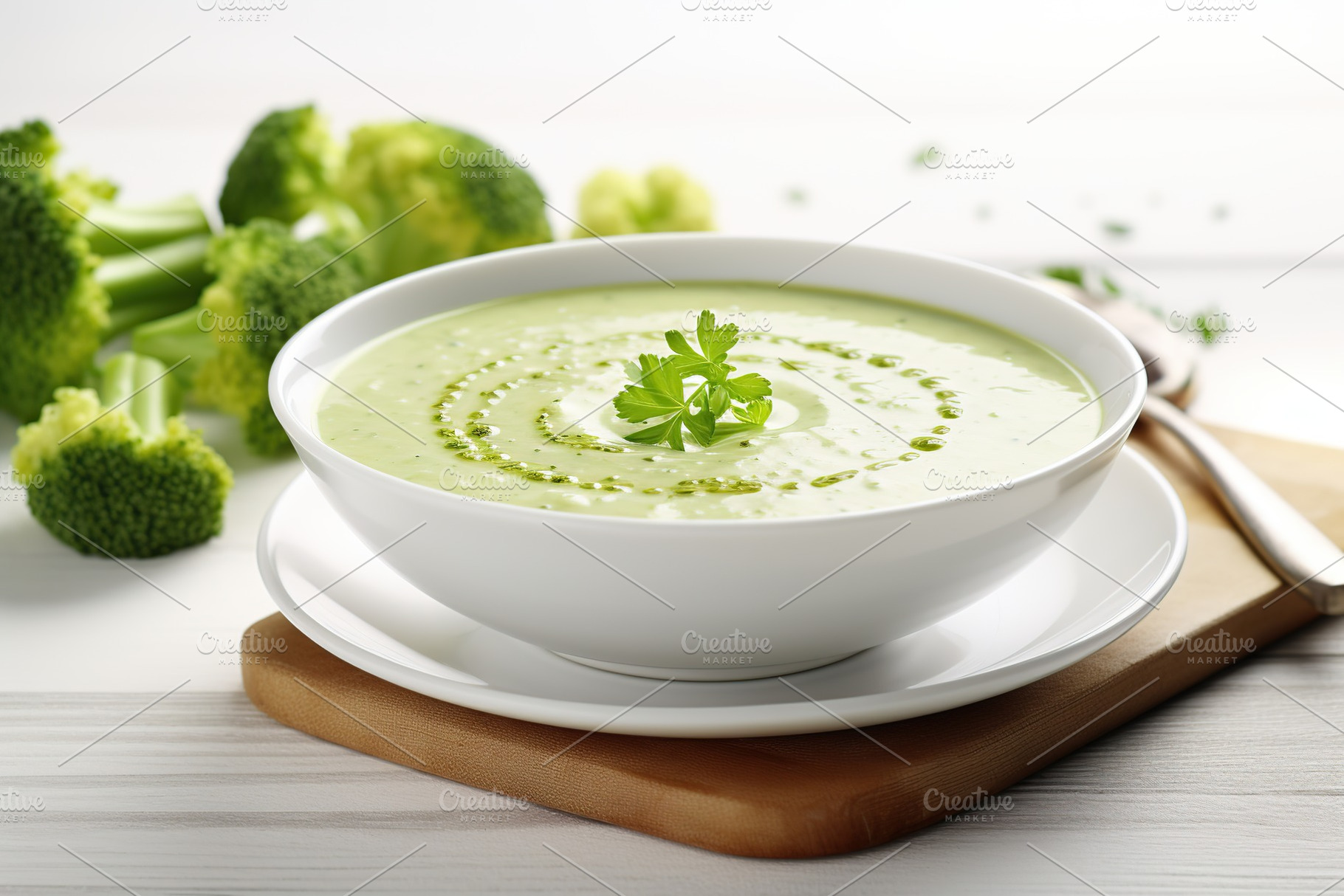 Green broccoli cream soup in plate, a Food & Drink Photo by AlyaAnd