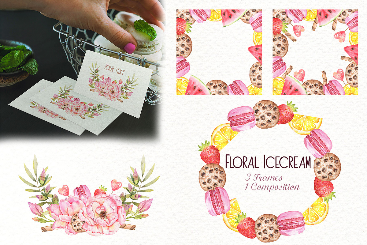 Floral Icecream Watercolor Set, an Illustration by TanataDesign (Photo 5 of 13)