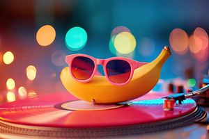 Colorful banana wearing DJ sunglasses sits on a turntable during a vibrant part, a Photo by AlyaAnd