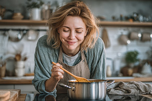 Woman cooking delicious food in kitc, a Photo by Pixeness Studio