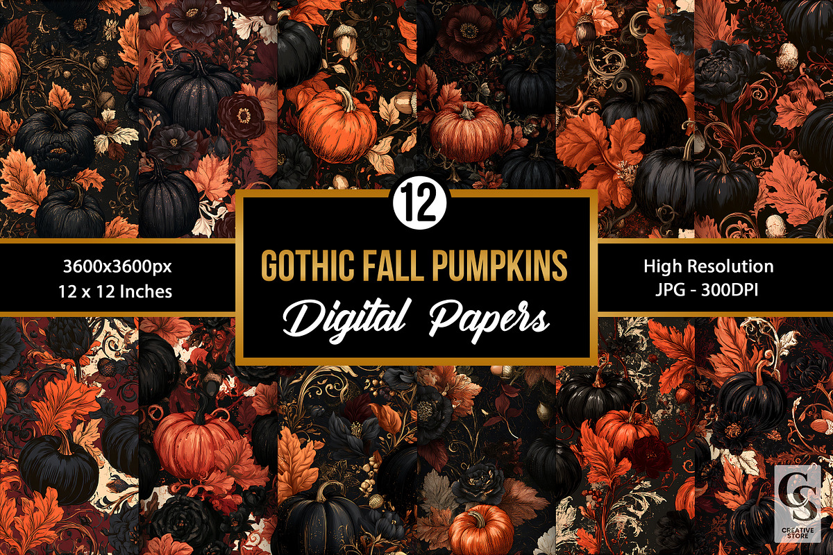 Gothic Autumn Pumpkins Digital Paper, a Pattern Graphic by Creative Store (Photo 1 of 5)