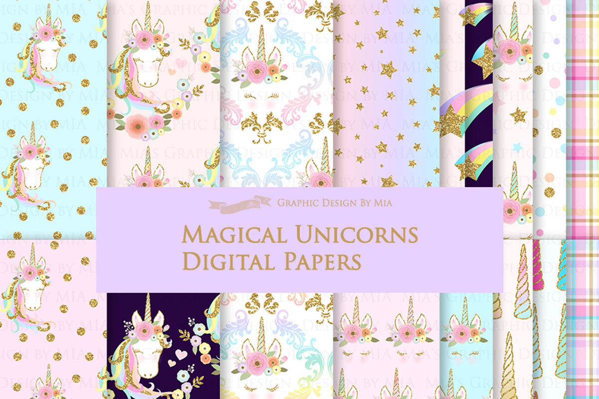 Unicorn Faces Gold Clipart, Pattern, an Illustration by Mia's Graphic Design (Photo 9 of 11)