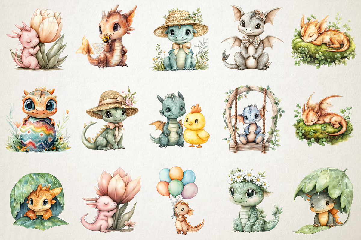Cute Baby Dragon Spring Clipart Set, an Animal Illustration by RobertsArt (Photo 2 of 5)