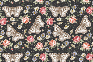 Seamless Butterflies Flowers Roses