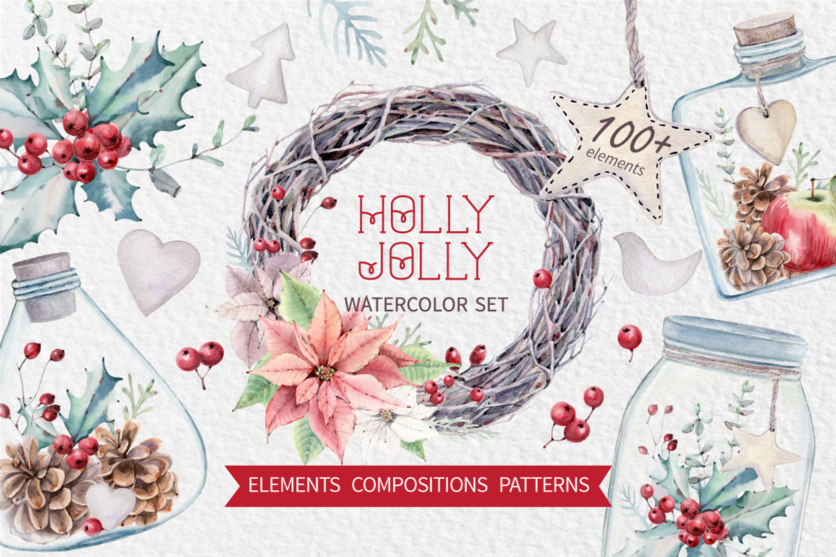 HOLLY JOLLY watercolor set, an Illustration by Lemaris (Photo 1 of 9)