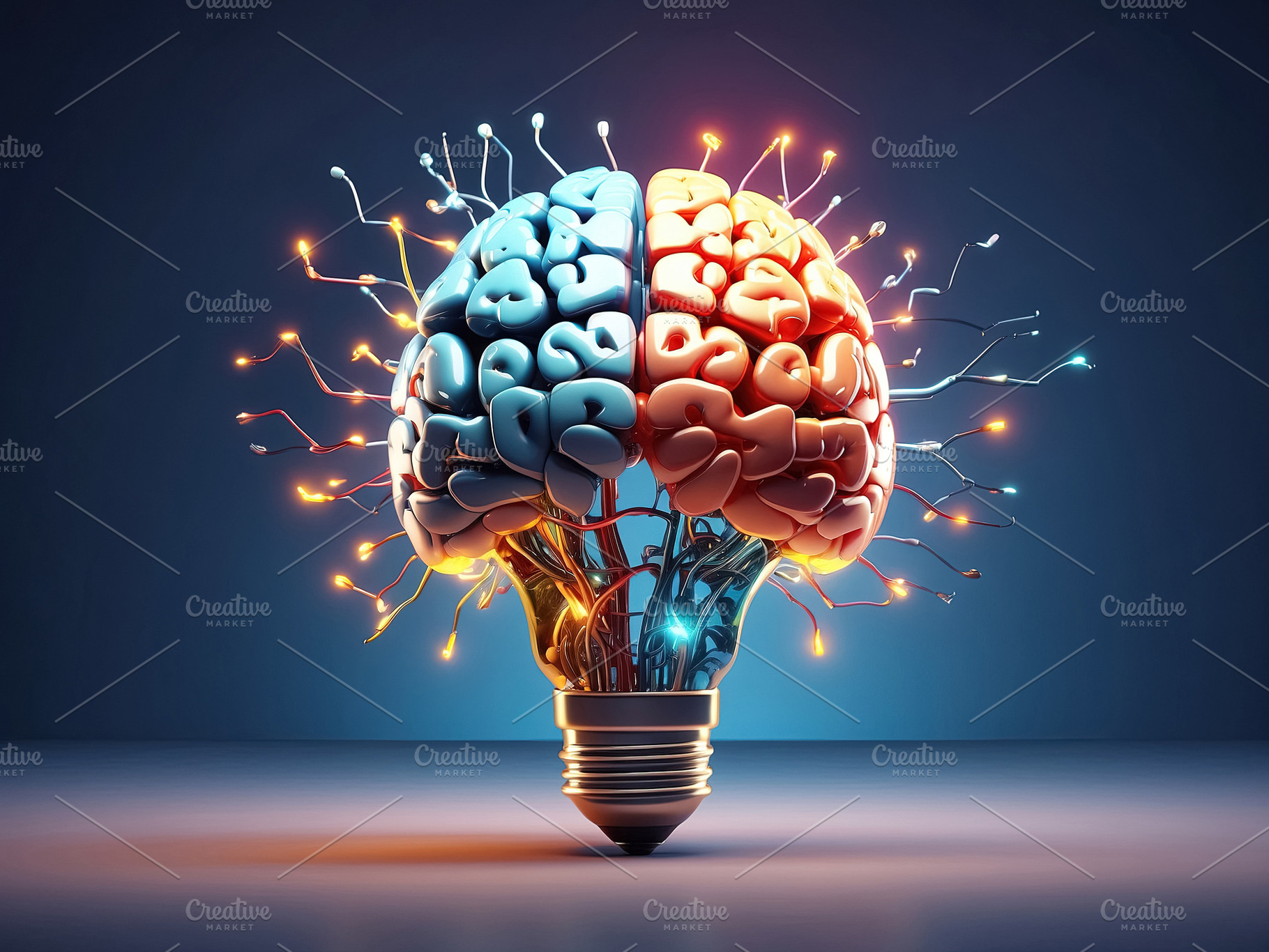 Brainstorming concept with lightbulb on blue background. Generat, a Business Photo by Ales Munt
