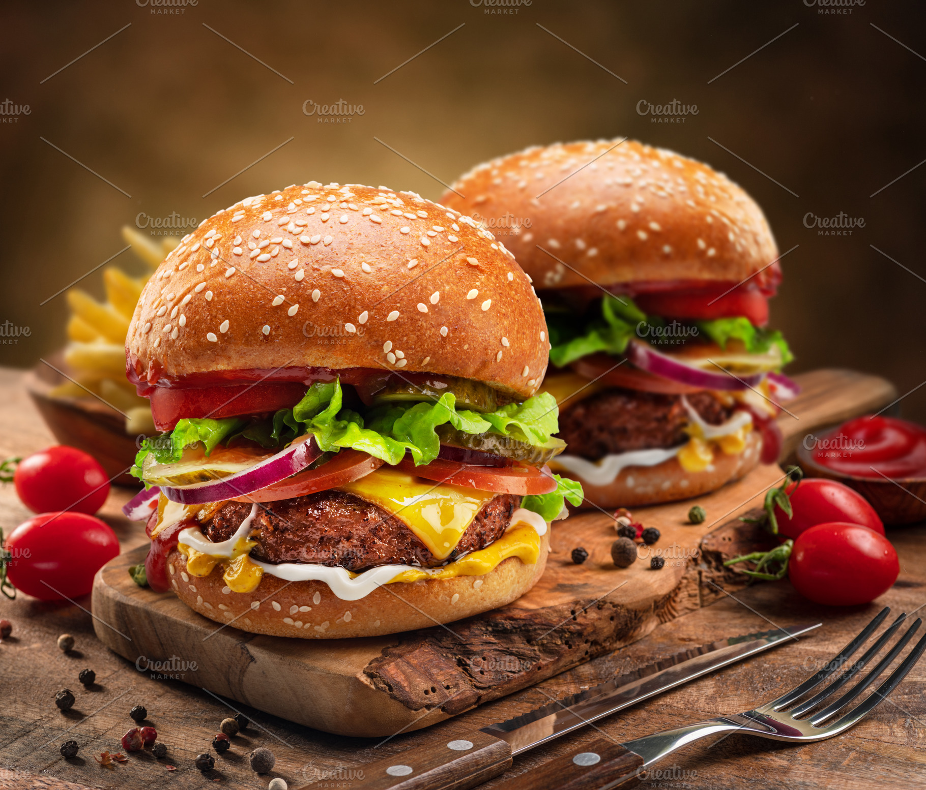 Tasty cheeseburgers on wooden tray, a Food & Drink Photo by Volff