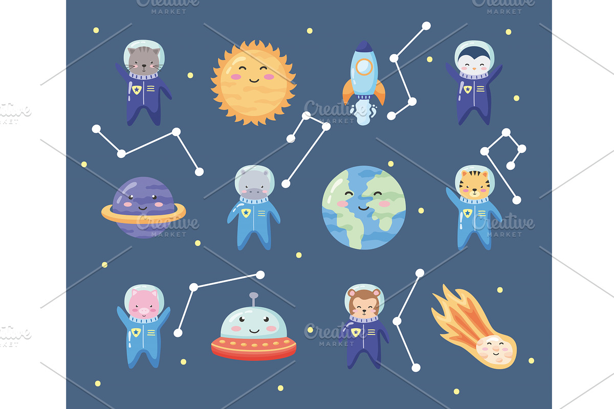 twelve space animals icons, an Animal Illustration by studiogstock