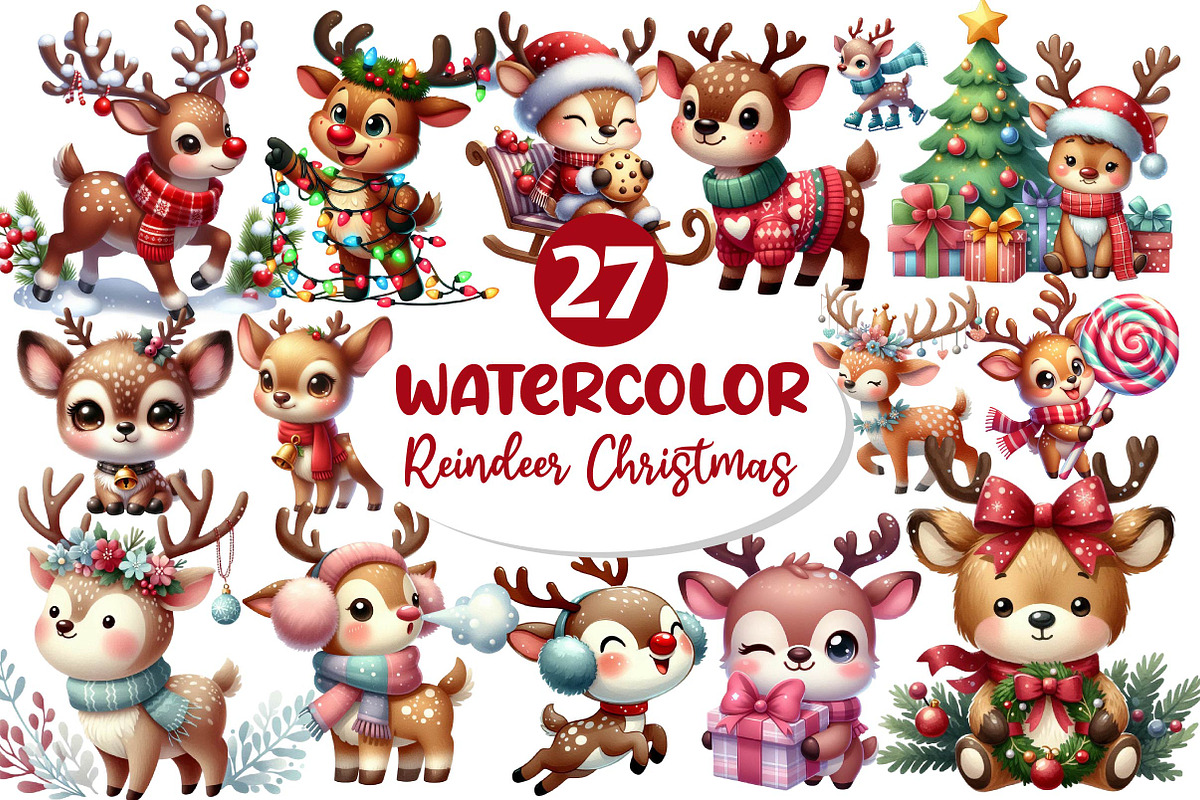 Cute Reindeer Christmas Clipart, an Illustration by Dream Creation (Photo 1 of 6)