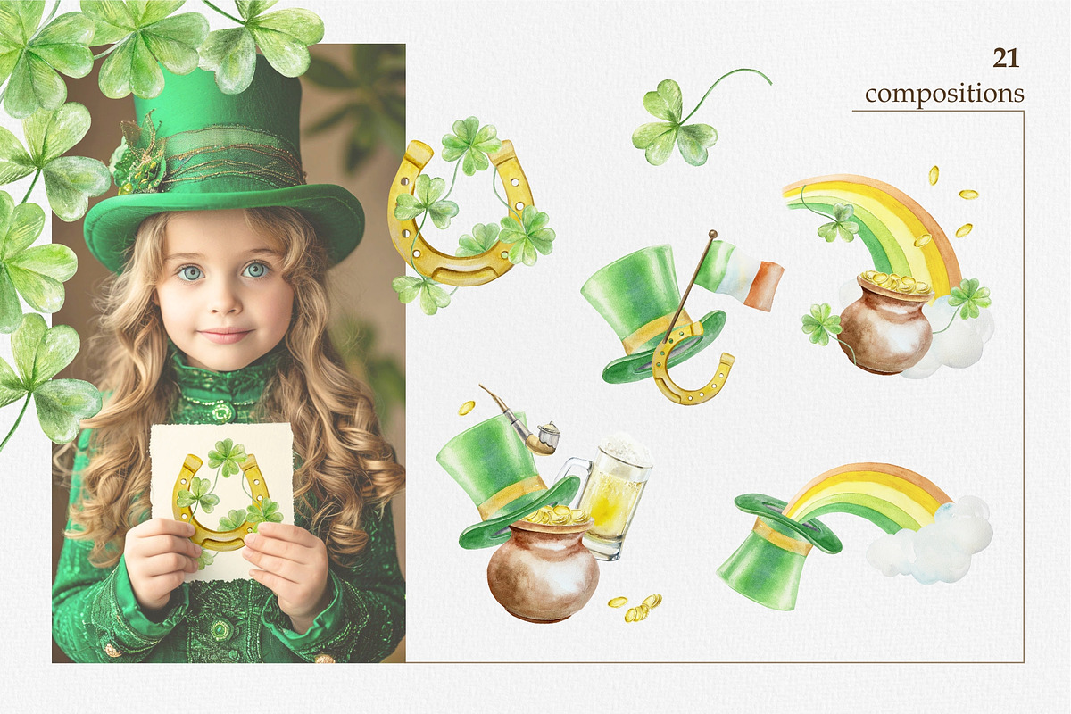 St Patrick's Day Watercolor Clipart, a Seasonal Illustration by Farida Bik (Photo 3 of 11)