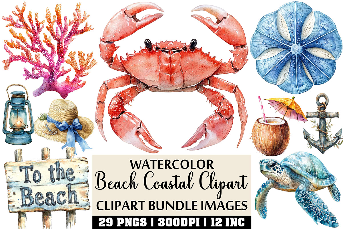 Watercolor Beach Coastal Clipart, an Illustration by Craft Nest (Photo 1 of 4)