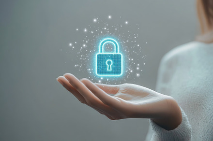Businesswoman hand showing digital padlock icon symbol, a Technology Photo by AlyaAnd