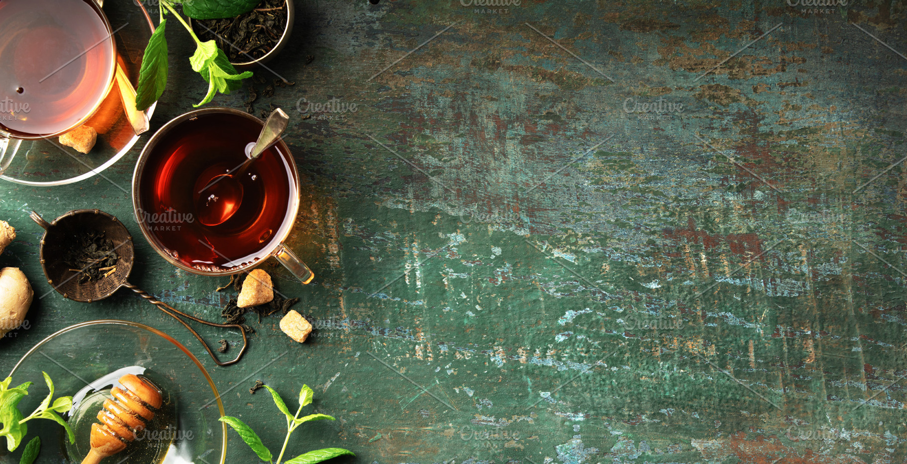 Herbal Tea with Lemon, Ginger, Mint, and Honey on Rustic Backgro, a Food & Drink Photo by Natalia Klenova's Shop