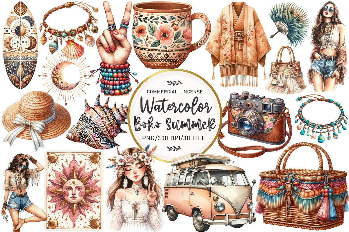 Watercolor Boho Summer Clipart, an Illustration by OK Design (Photo 1 of 5)