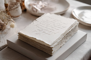 Handmade paper stack on a white box, featuring elegant calligrap, a Photo by Studio ANNA