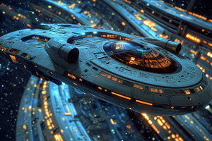A futuristic spaceship gliding through space, surrounded by glowing stars and a, an Arts & Entertainment Photo by Textures & Backgrounds