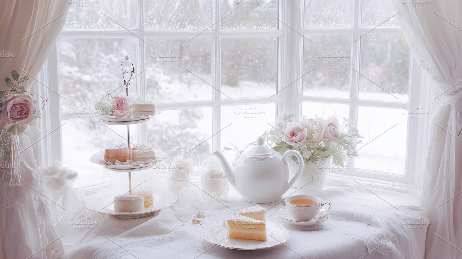 Enjoying warm afternoon tea with sweet cakes by a window, watchi, a Photo by Studio ANNA