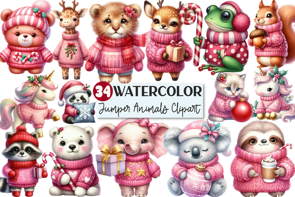 Pink Jumper Animals Christmas Clipar, an Animal Illustration by Rose Art (Photo 1 of 4)