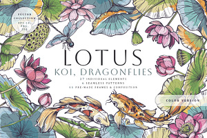 Lotus, Koi, Dragonflies. Vector Set